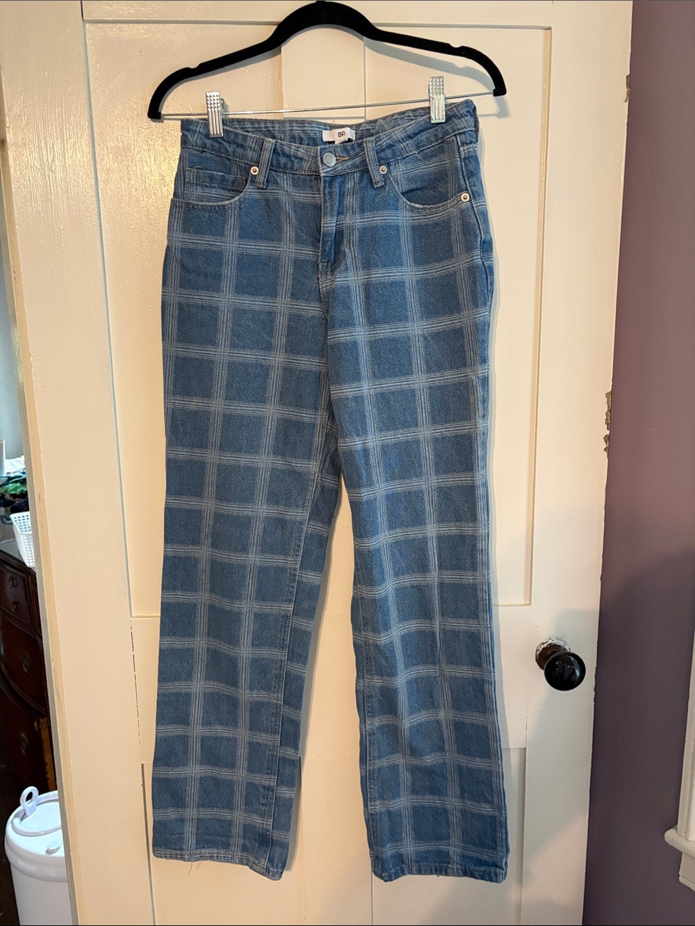 Women's Blue Plaid baggyish Straight-Leg Jeans
